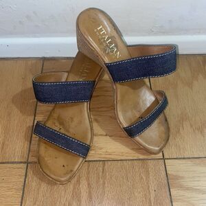 Italian Shoemakers Sandals Womens Size 9.5 Denim Wedge Cork Heel Straps Slip On